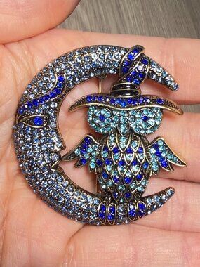 Owl on Crescent Moon Brooch Blue Rhinestones Witch Hat 2 inches